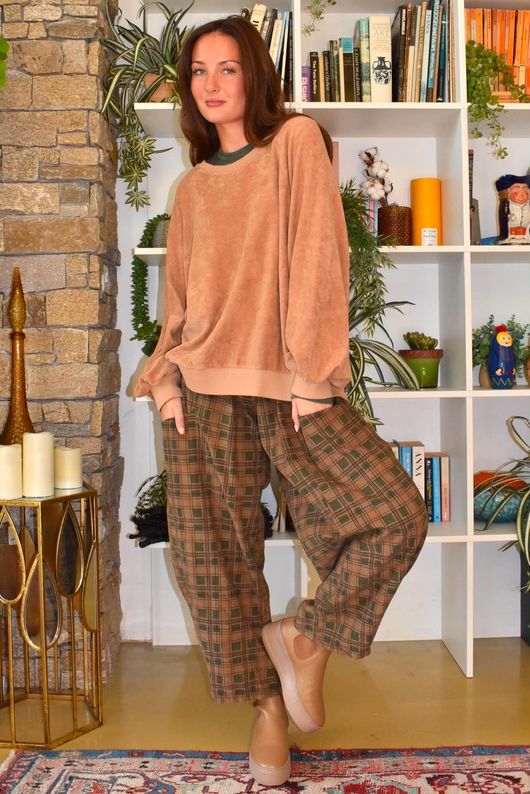Heritage Needlecord Plaid Relaxed Barrel Pant Khaki & Camel